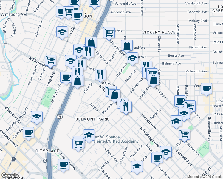 map of restaurants, bars, coffee shops, grocery stores, and more near 4912 Mission Avenue in Dallas