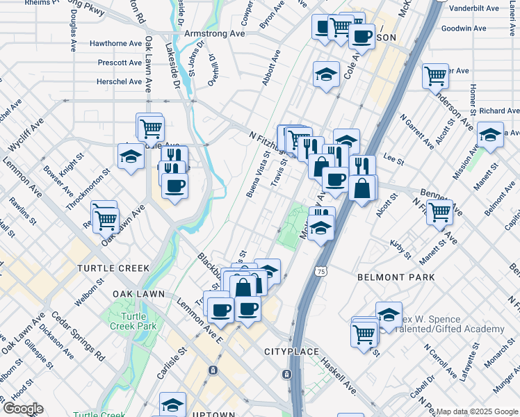 map of restaurants, bars, coffee shops, grocery stores, and more near 4026 Travis Street in Dallas