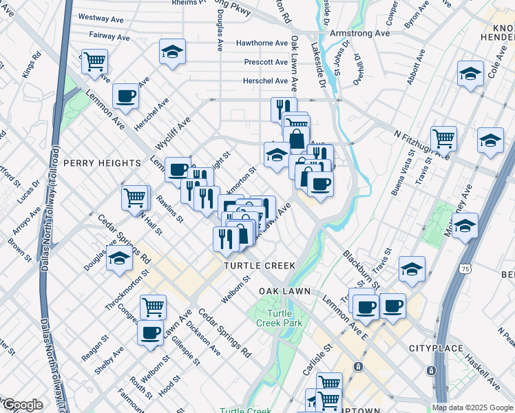 map of restaurants, bars, coffee shops, grocery stores, and more near 10 Holland Avenue in Dallas