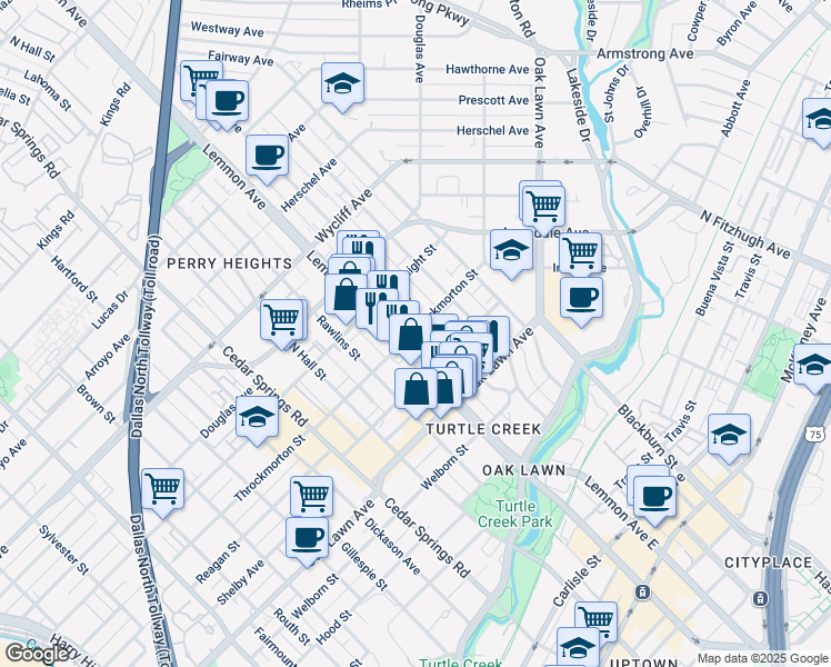 map of restaurants, bars, coffee shops, grocery stores, and more near 3927 Bowser Avenue in Dallas