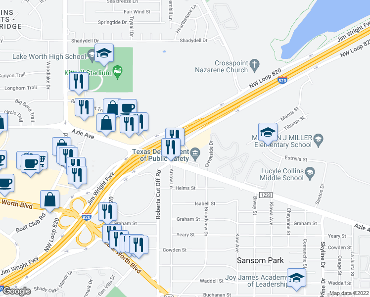 map of restaurants, bars, coffee shops, grocery stores, and more near 3541 Northwest Loop 820 in Fort Worth