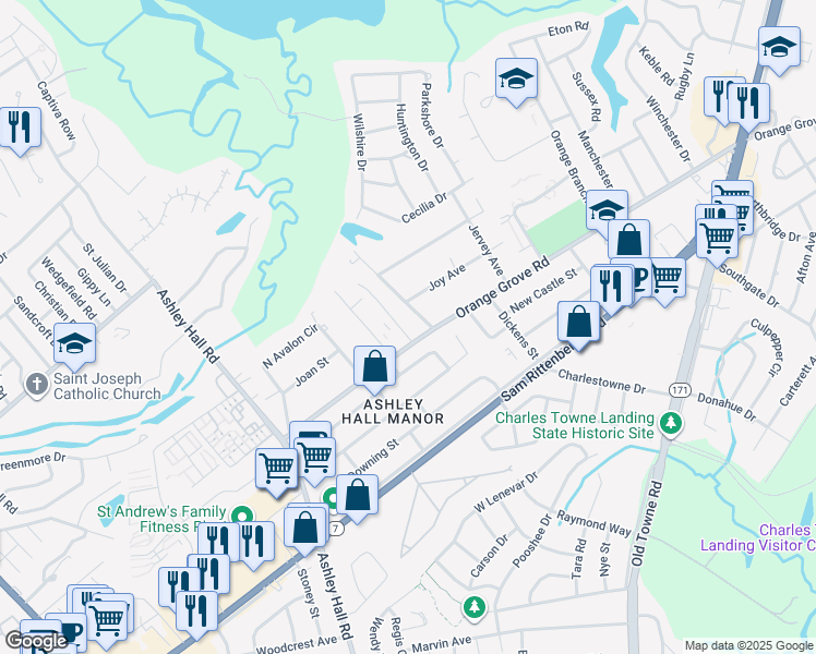 map of restaurants, bars, coffee shops, grocery stores, and more near 1712 Orange Grove Shores Drive in Charleston