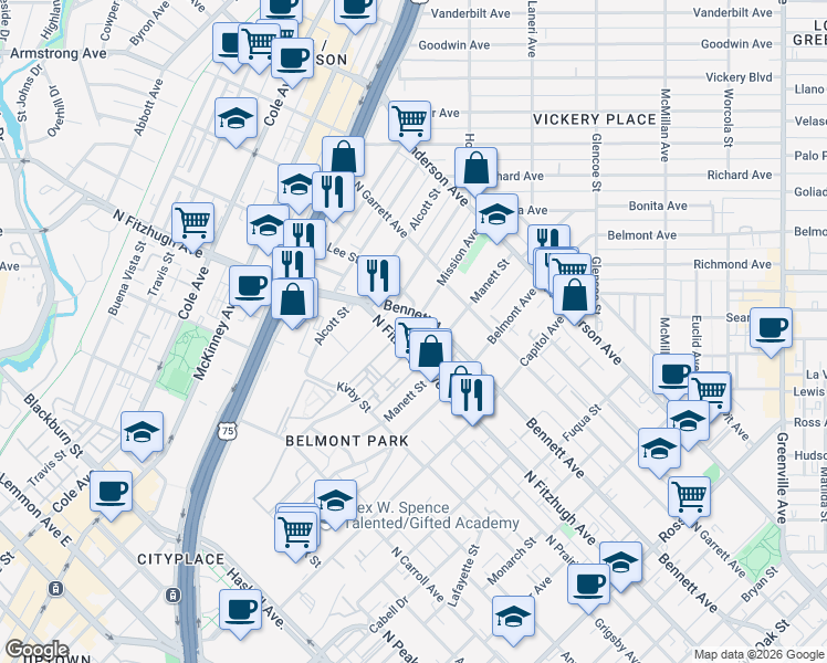 map of restaurants, bars, coffee shops, grocery stores, and more near 4926 Mission Avenue in Dallas