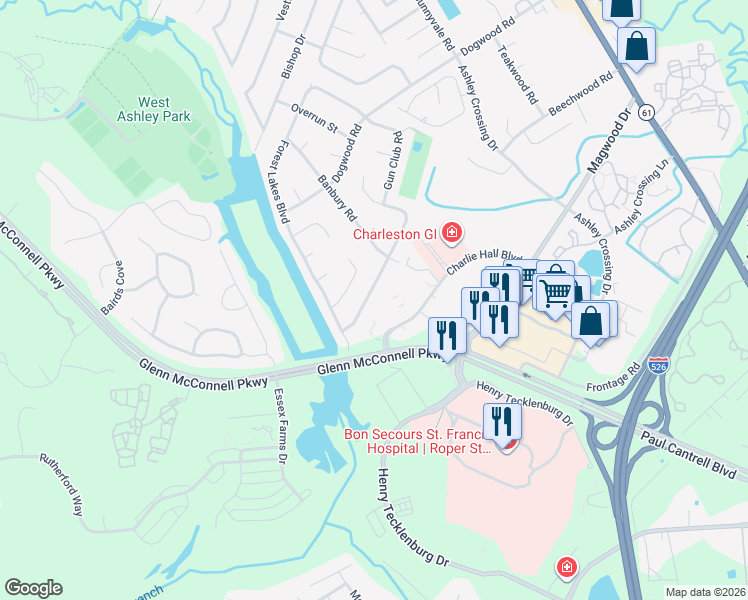 map of restaurants, bars, coffee shops, grocery stores, and more near 1655 Sulgrave Rd in Charleston