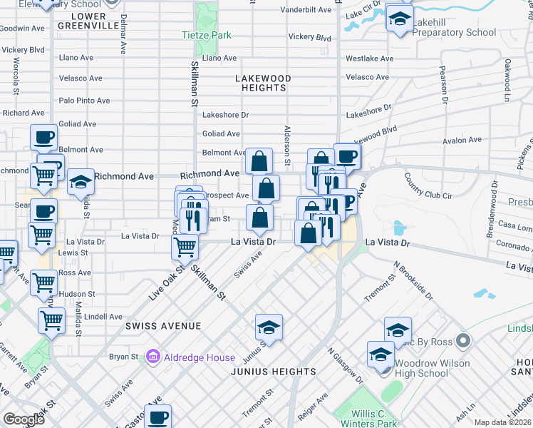 map of restaurants, bars, coffee shops, grocery stores, and more near 6235 Oram Street in Dallas