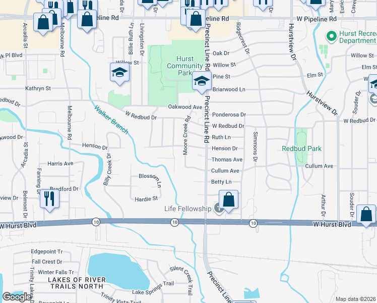 map of restaurants, bars, coffee shops, grocery stores, and more near 324 Moore Creek Road in Hurst