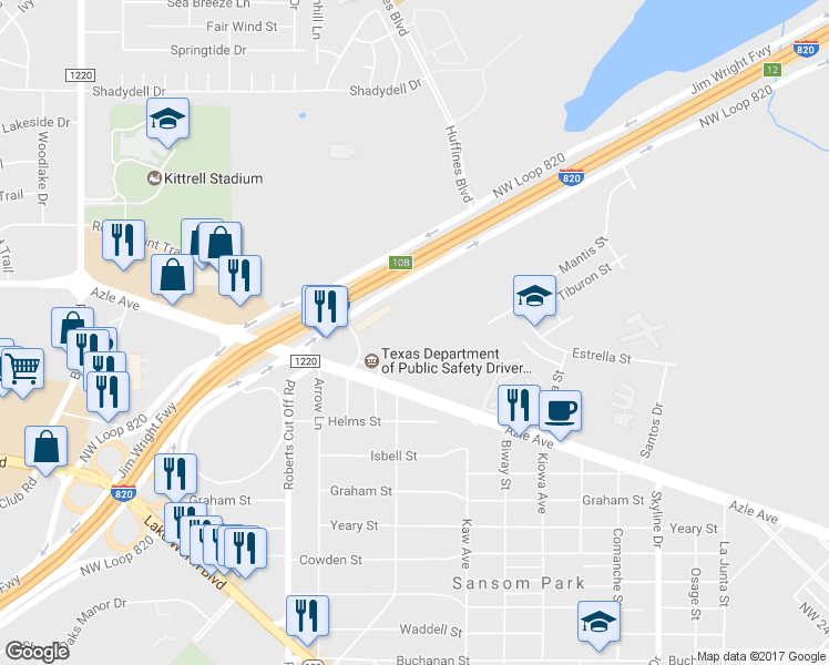 map of restaurants, bars, coffee shops, grocery stores, and more near 5725 Creekside Drive in Fort Worth