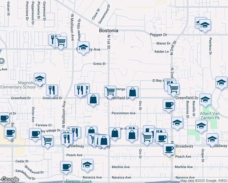 map of restaurants, bars, coffee shops, grocery stores, and more near 1311-1325 North 1st Street in El Cajon