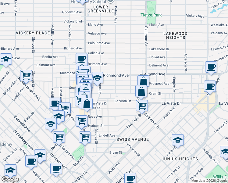 map of restaurants, bars, coffee shops, grocery stores, and more near 5837 Oram Street in Dallas