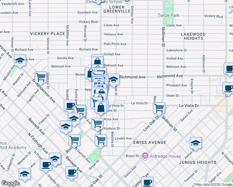 map of restaurants, bars, coffee shops, grocery stores, and more near 2012 Matilda Street in Dallas