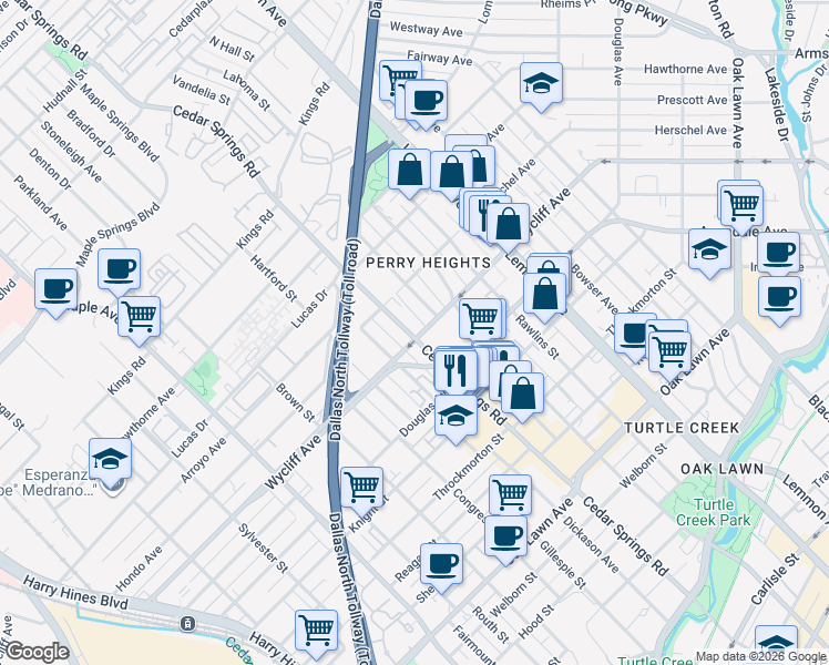map of restaurants, bars, coffee shops, grocery stores, and more near 3101B Wycliff Avenue in Dallas
