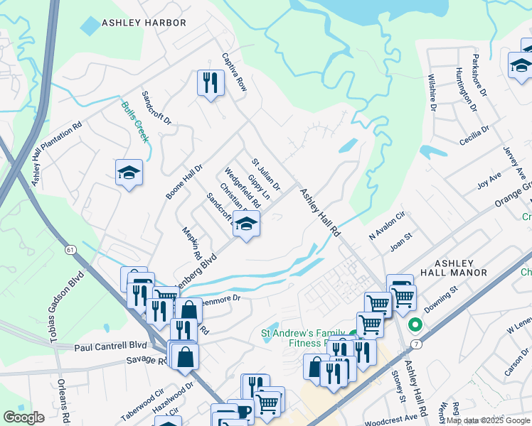 map of restaurants, bars, coffee shops, grocery stores, and more near 1639 Raoul Wallenberg Boulevard in Charleston