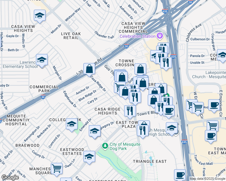 map of restaurants, bars, coffee shops, grocery stores, and more near 2500 Driftwood Drive in Mesquite