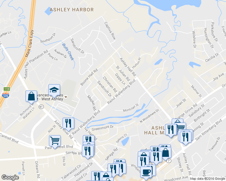 map of restaurants, bars, coffee shops, grocery stores, and more near 1814 Christian Road in Charleston