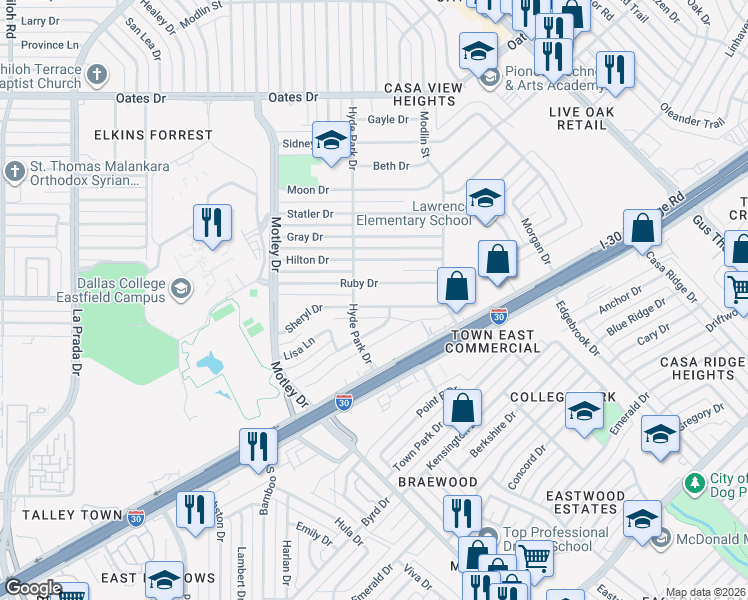 map of restaurants, bars, coffee shops, grocery stores, and more near 3517 Sheryl Drive in Mesquite