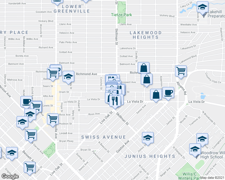 map of restaurants, bars, coffee shops, grocery stores, and more near 6039 Oram Street in Dallas