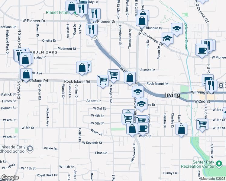 map of restaurants, bars, coffee shops, grocery stores, and more near 124 South Rogers Road in Irving