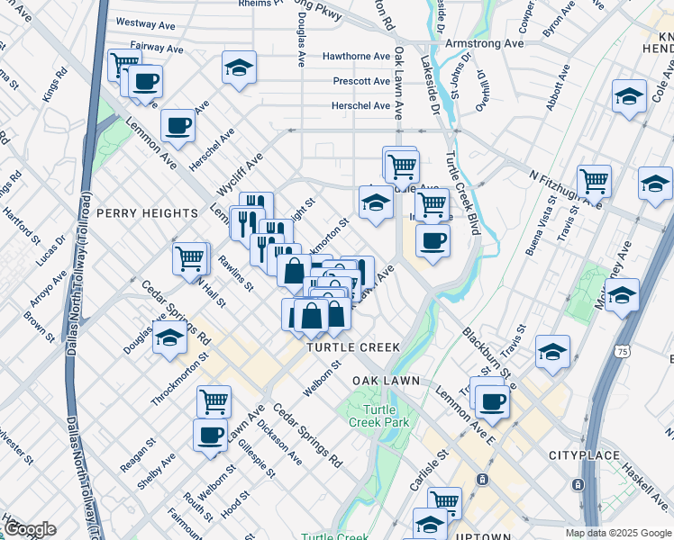 map of restaurants, bars, coffee shops, grocery stores, and more near 3633 Reagan Street in Dallas