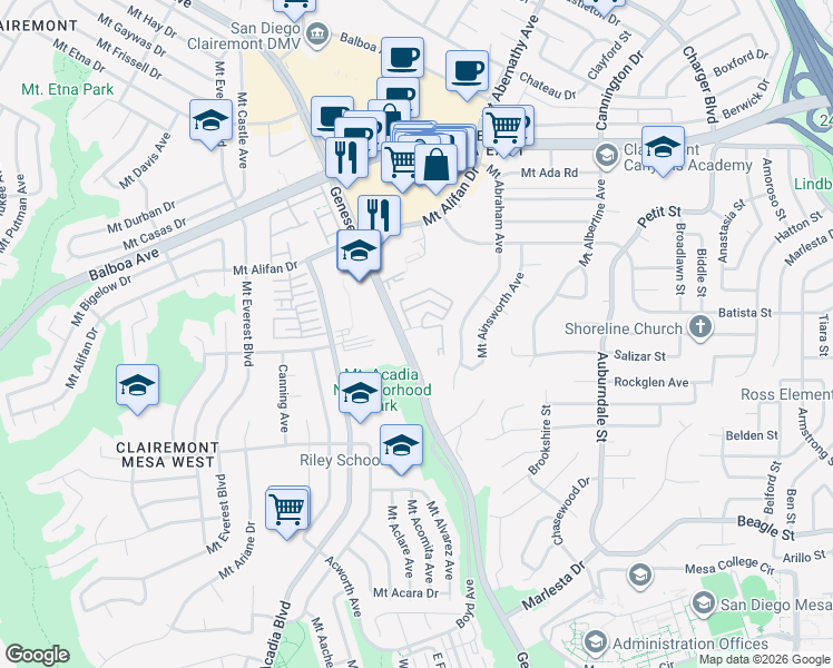map of restaurants, bars, coffee shops, grocery stores, and more near 5550 Genesee Court East in San Diego