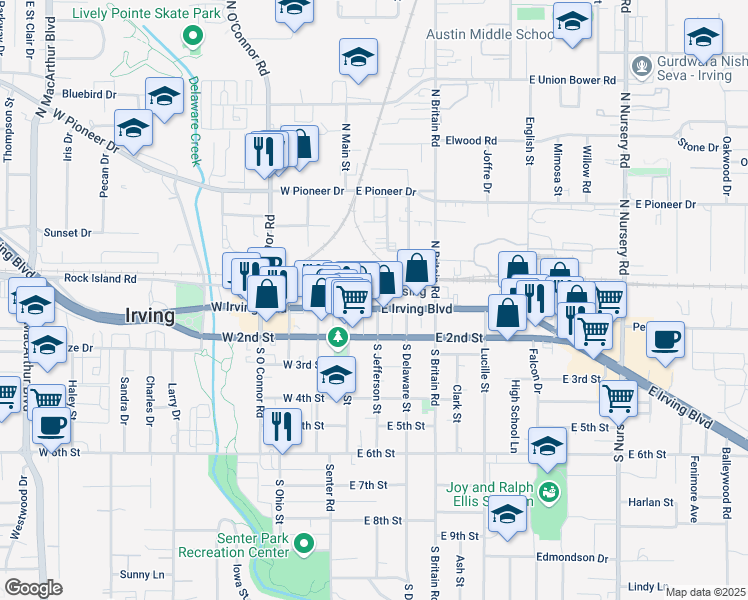 map of restaurants, bars, coffee shops, grocery stores, and more near 111 E Irving Blvd in Irving