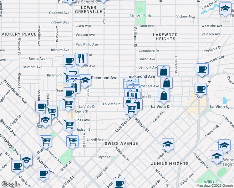 map of restaurants, bars, coffee shops, grocery stores, and more near 6003 Oram Street in Dallas