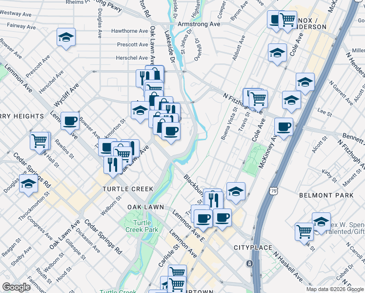 map of restaurants, bars, coffee shops, grocery stores, and more near 3831 Turtle Creek Boulevard in Dallas