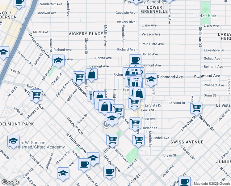 map of restaurants, bars, coffee shops, grocery stores, and more near 1917 Euclid Avenue in Dallas