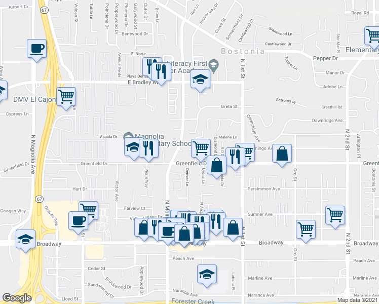 map of restaurants, bars, coffee shops, grocery stores, and more near 1334-36 Buckeye Court in El Cajon