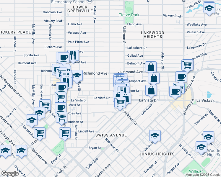 map of restaurants, bars, coffee shops, grocery stores, and more near 6003 Oram Street in Dallas