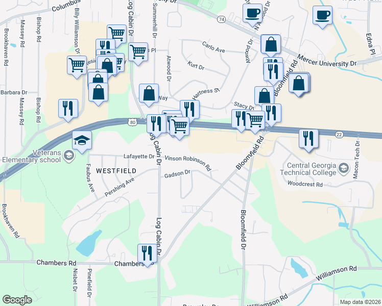 map of restaurants, bars, coffee shops, grocery stores, and more near 3873 Vinson Robinson Road in Macon