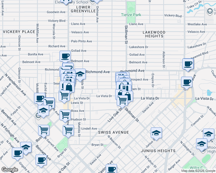 map of restaurants, bars, coffee shops, grocery stores, and more near 5937 Oram Street in Dallas