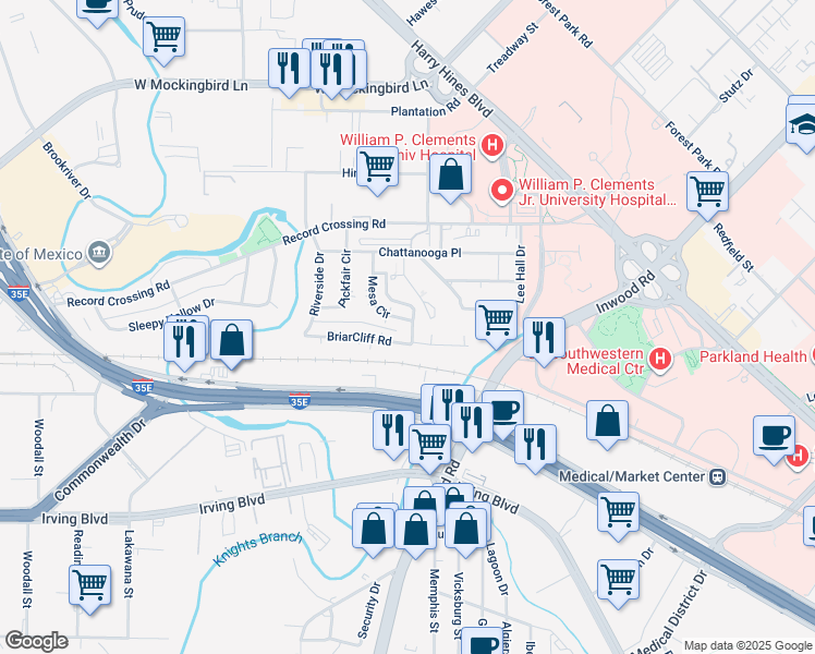 map of restaurants, bars, coffee shops, grocery stores, and more near 5503 Mesa Circle in Dallas