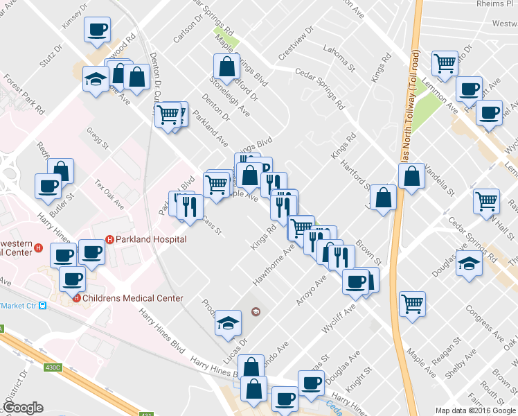 map of restaurants, bars, coffee shops, grocery stores, and more near 4735 Maple Avenue in Dallas