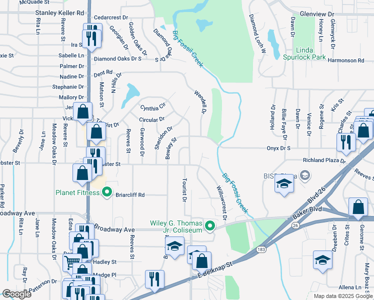 map of restaurants, bars, coffee shops, grocery stores, and more near 3512 Tourist Drive in Fort Worth