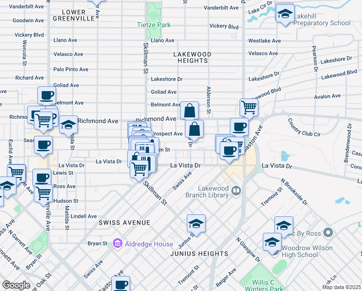 map of restaurants, bars, coffee shops, grocery stores, and more near 6157 Oram Street in Dallas
