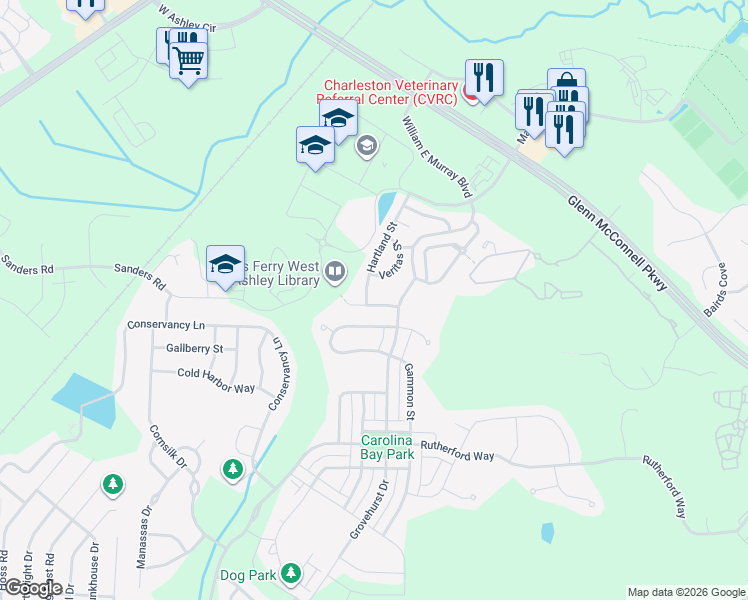 map of restaurants, bars, coffee shops, grocery stores, and more near 4110 Rigsby Lane in Charleston