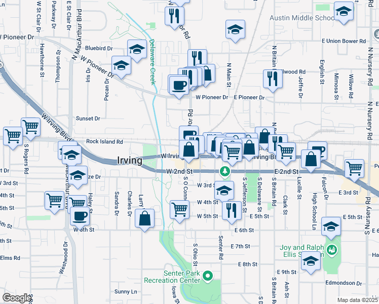 map of restaurants, bars, coffee shops, grocery stores, and more near 313 West Irving Boulevard in Irving