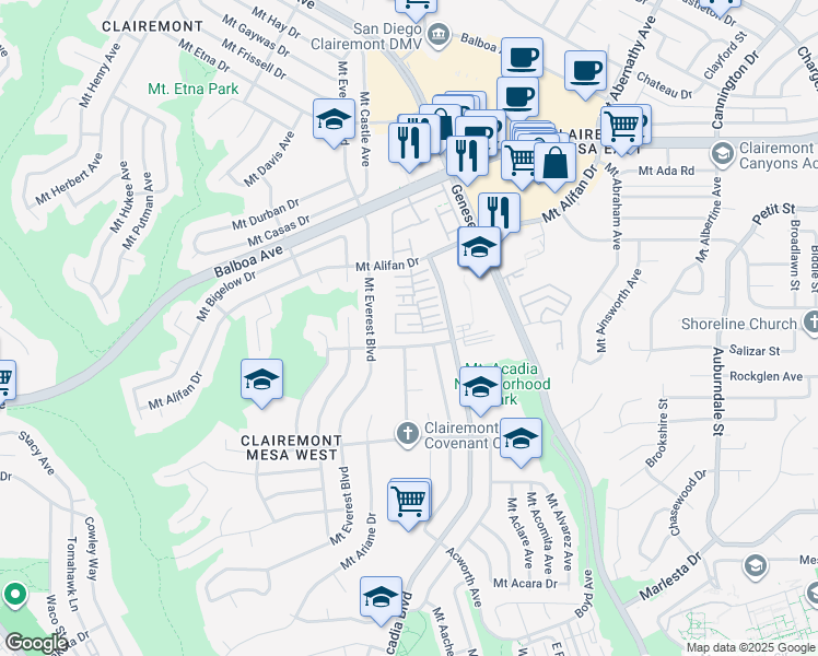 map of restaurants, bars, coffee shops, grocery stores, and more near 5268 Mount Blanca Drive in San Diego