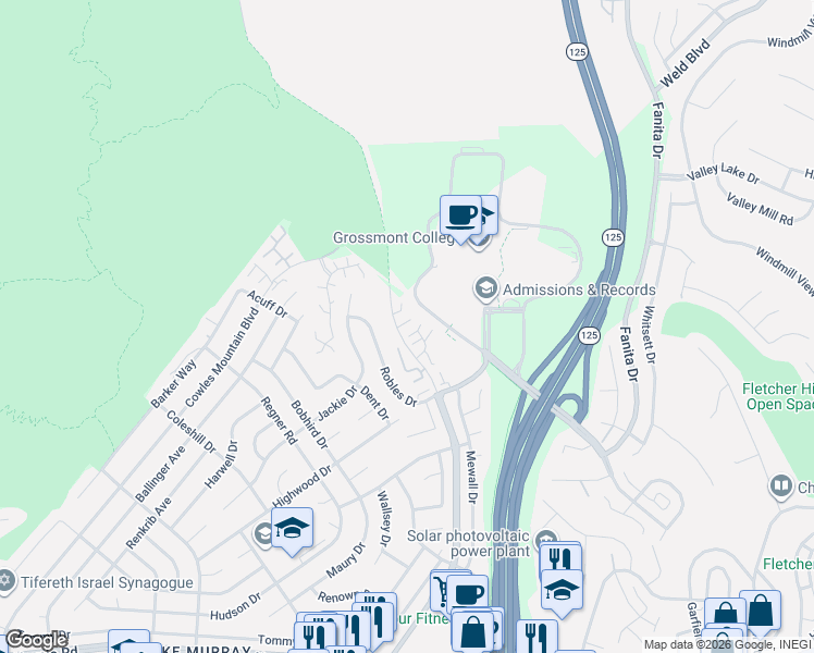 map of restaurants, bars, coffee shops, grocery stores, and more near 9345 Lake Murray Boulevard in San Diego