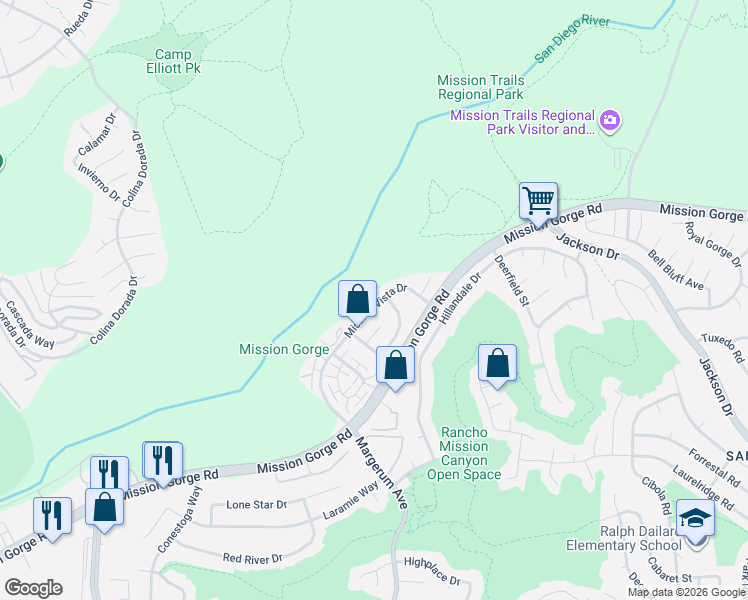 map of restaurants, bars, coffee shops, grocery stores, and more near 8052 Mission Vista Drive in San Diego