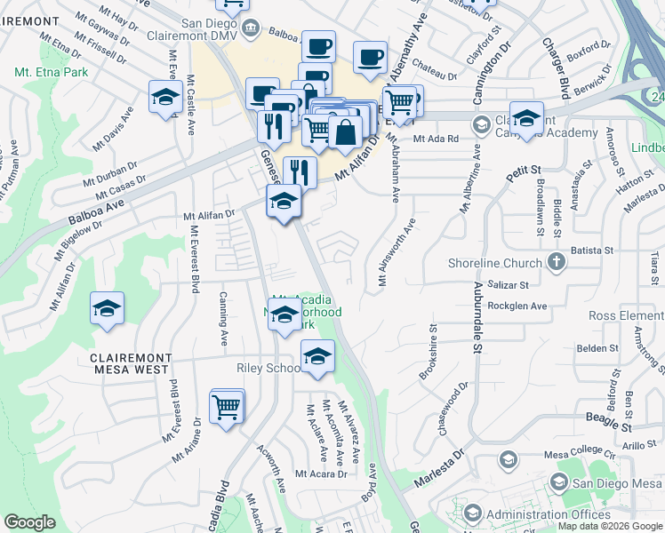 map of restaurants, bars, coffee shops, grocery stores, and more near 5550 Genesee Court in San Diego