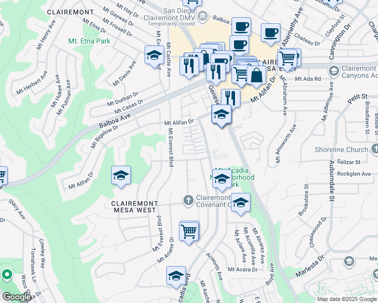 map of restaurants, bars, coffee shops, grocery stores, and more near 5268 Mount Blanca Drive in San Diego