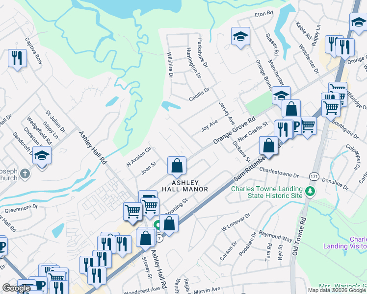 map of restaurants, bars, coffee shops, grocery stores, and more near 1708 Orange Grove Shores Drive in Charleston