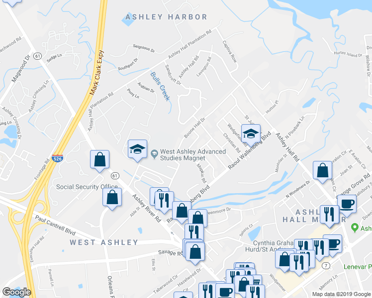 map of restaurants, bars, coffee shops, grocery stores, and more near 1721 Boone Hall Drive in Charleston