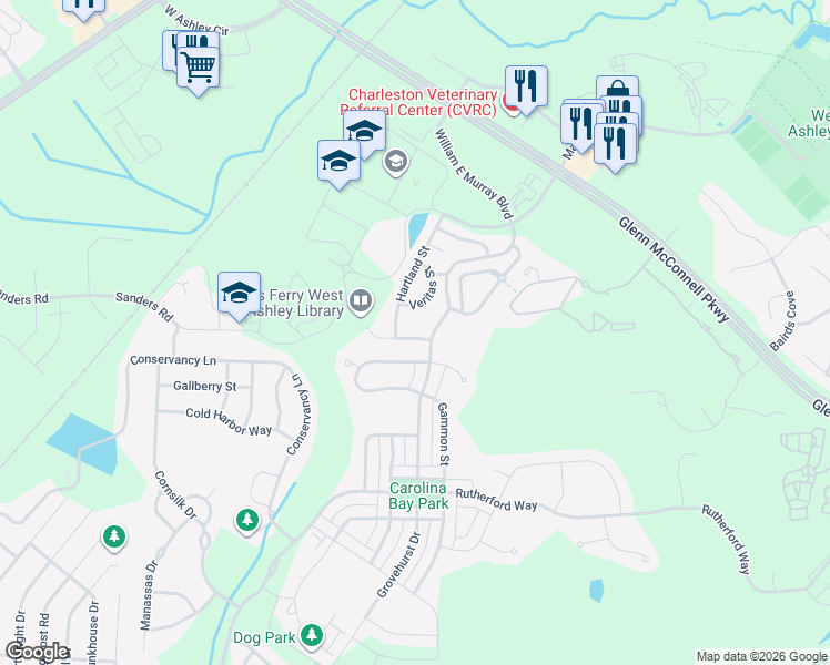 map of restaurants, bars, coffee shops, grocery stores, and more near 4110 Rigsby Lane in Charleston