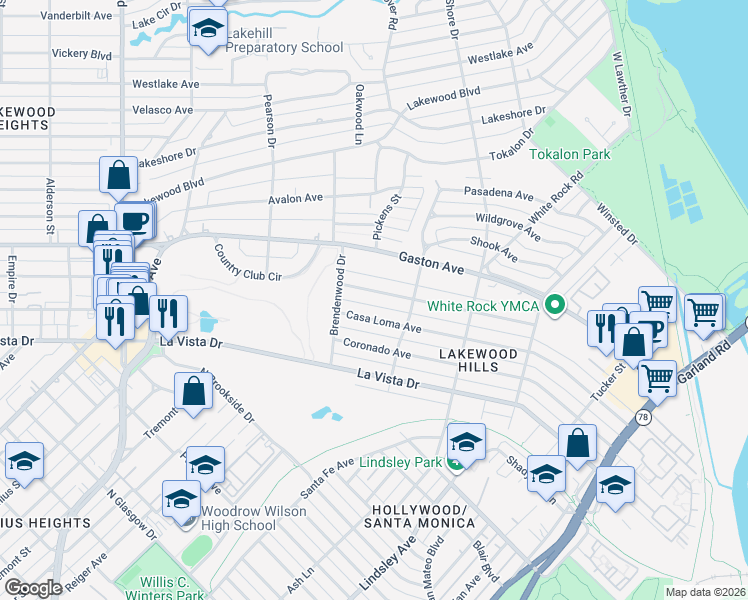 map of restaurants, bars, coffee shops, grocery stores, and more near 6823 Casa Loma Avenue in Dallas