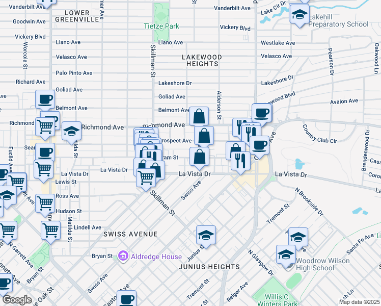 map of restaurants, bars, coffee shops, grocery stores, and more near 6157 Oram Street in Dallas