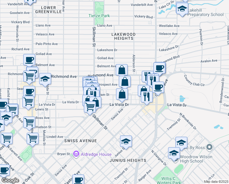 map of restaurants, bars, coffee shops, grocery stores, and more near 6157 Oram Street in Dallas