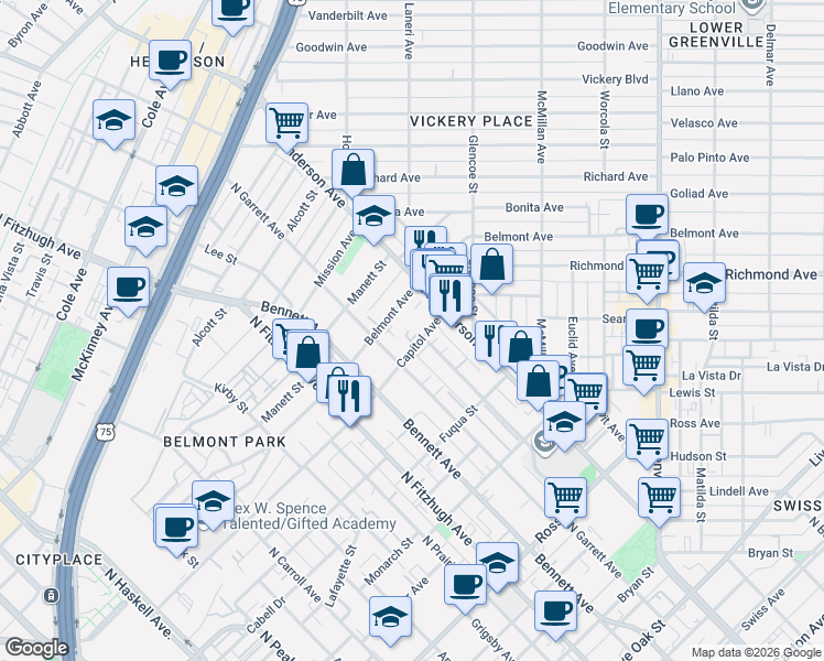 map of restaurants, bars, coffee shops, grocery stores, and more near 2433 Thatcher Drive in Dallas