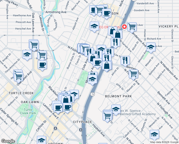 map of restaurants, bars, coffee shops, grocery stores, and more near in Dallas